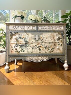 Hand-Painted Floral Accent Dresser in Cream and Gray